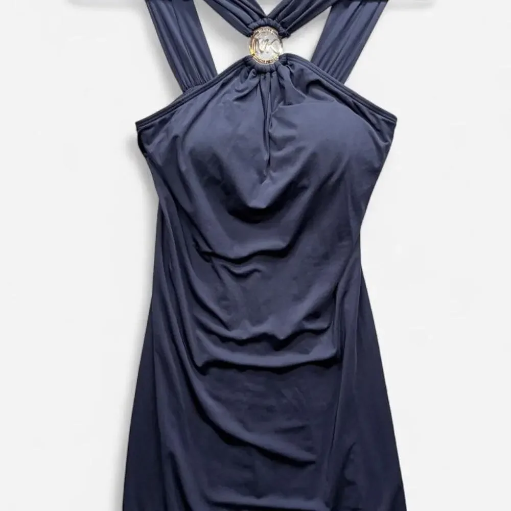 MICHAEL Michael Kors halter swim dress in navy blue. Size XS